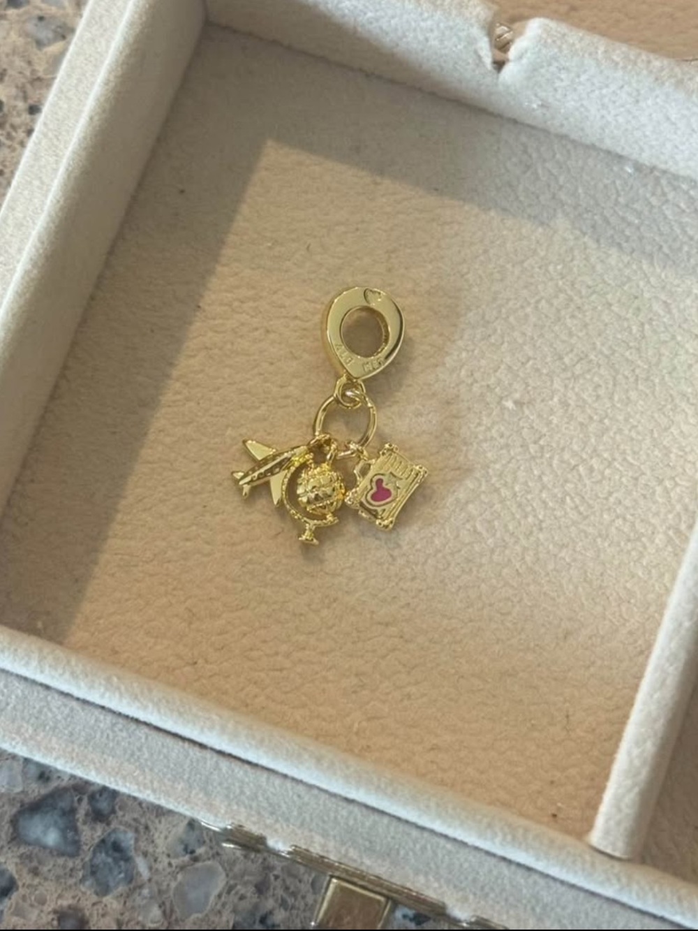 Pandora Gold Travel Charm Pendant with Pink Accent